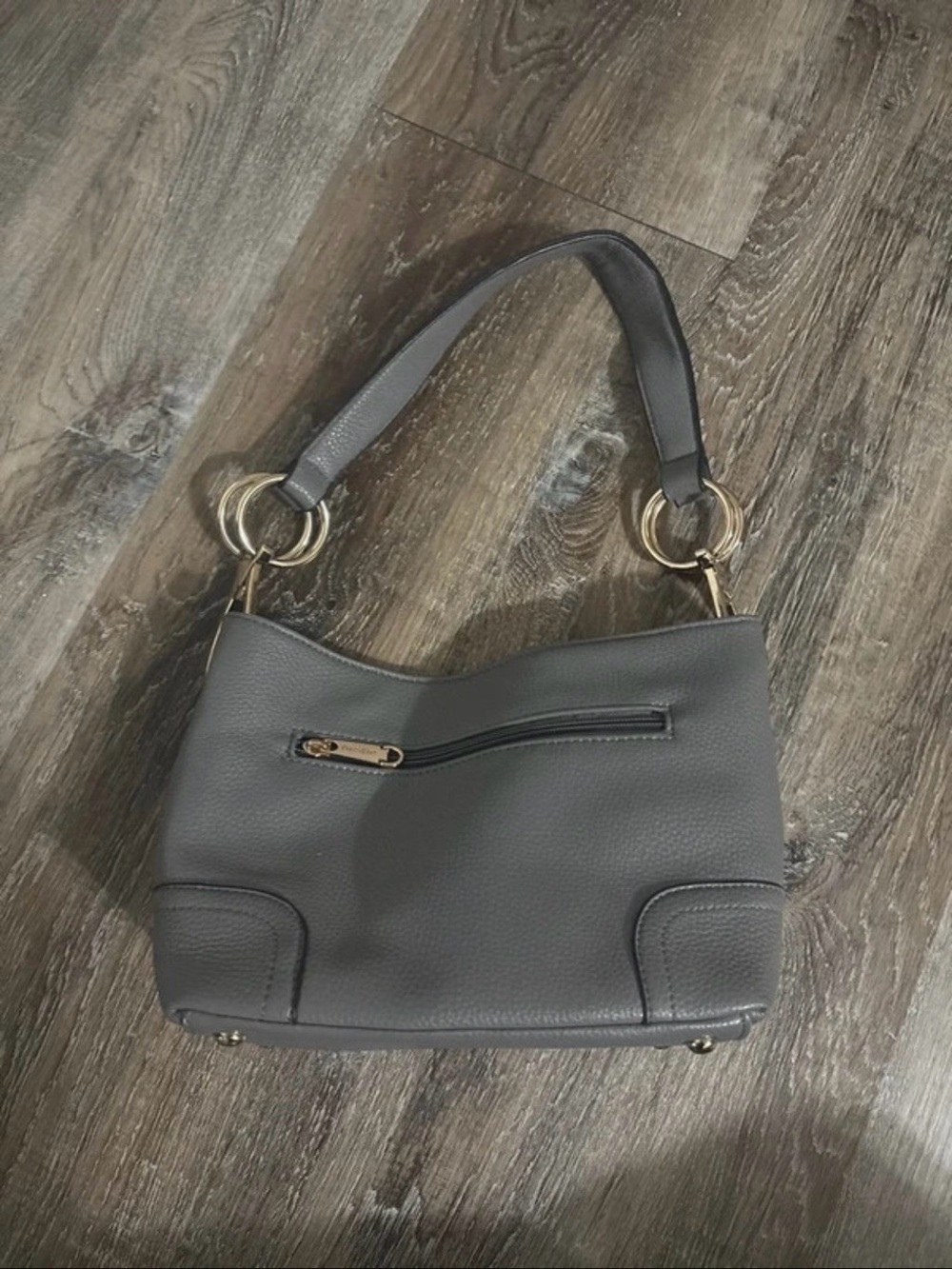 Gray Leather Shoulder Bag with Gold Hardware